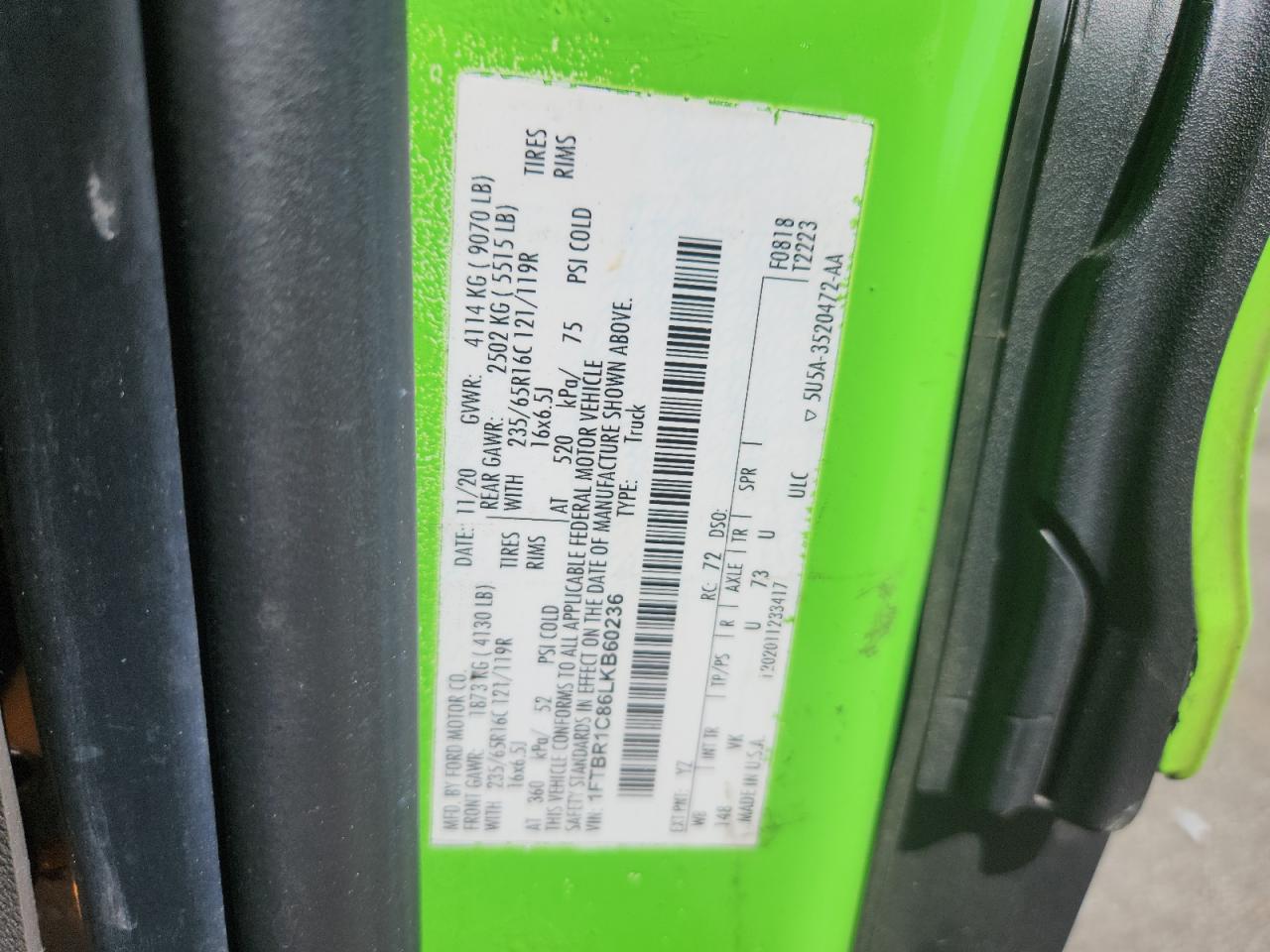 2020 Ford Transit T-250 VIN: 1FTBR1C86LKB60236 Lot: 81967355