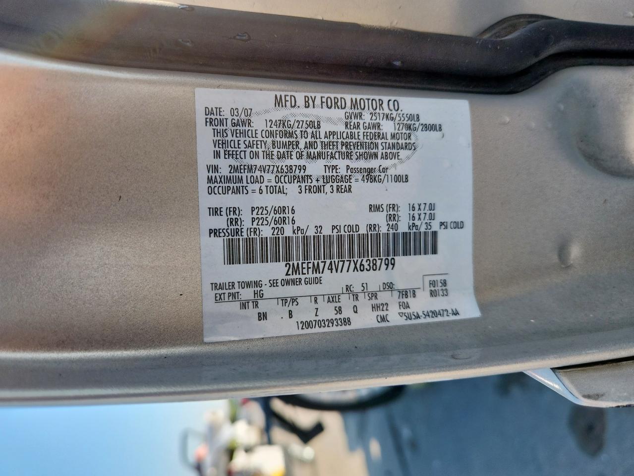 2007 Mercury Grand Marquis Gs VIN: 2MEFM74V77X638799 Lot: 84701255