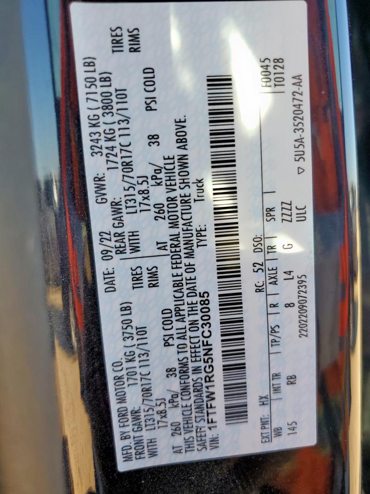 2022 Ford F150 Raptor VIN: 1FTFW1RG5NFC30085 Lot: 84576855