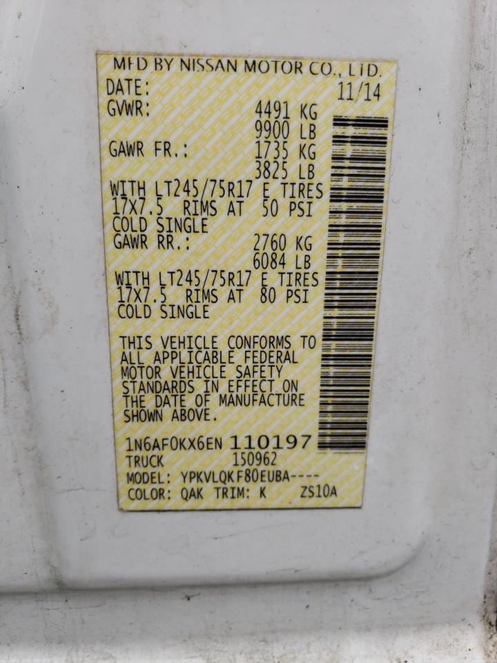 2014 Nissan Nv 2500 VIN: 1N6AF0KX6EN110197 Lot: 85914655