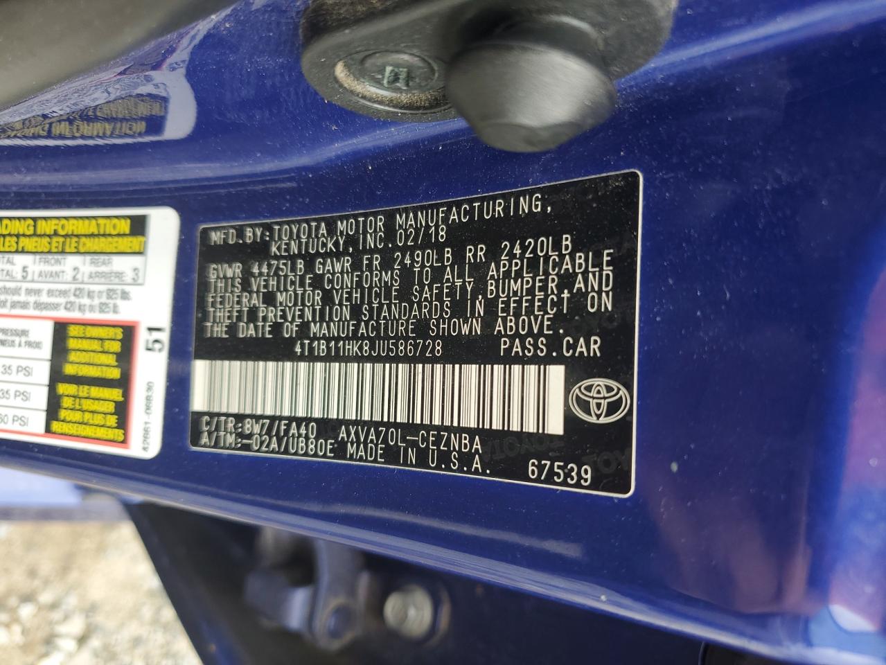 2018 Toyota Camry L VIN: 4T1B11HK8JU586728 Lot: 85079455