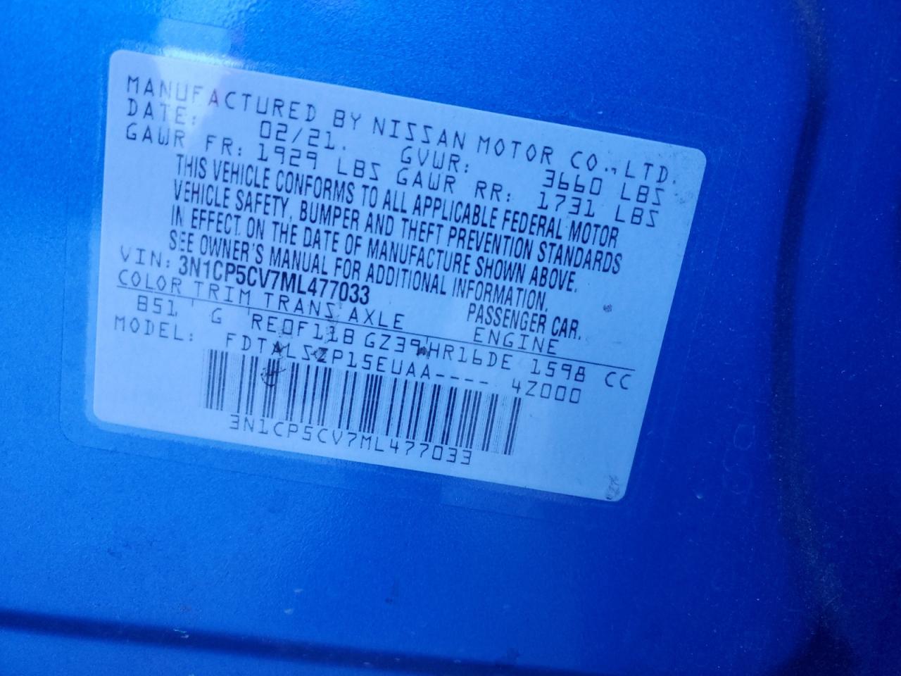 2021 Nissan Kicks Sv VIN: 3N1CP5CV7ML477033 Lot: 82389225