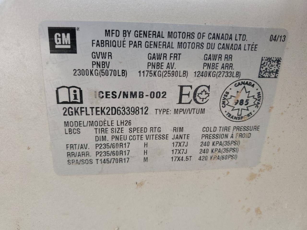 2013 GMC Terrain Sle VIN: 2GKFLTEK2D6339812 Lot: 82225355