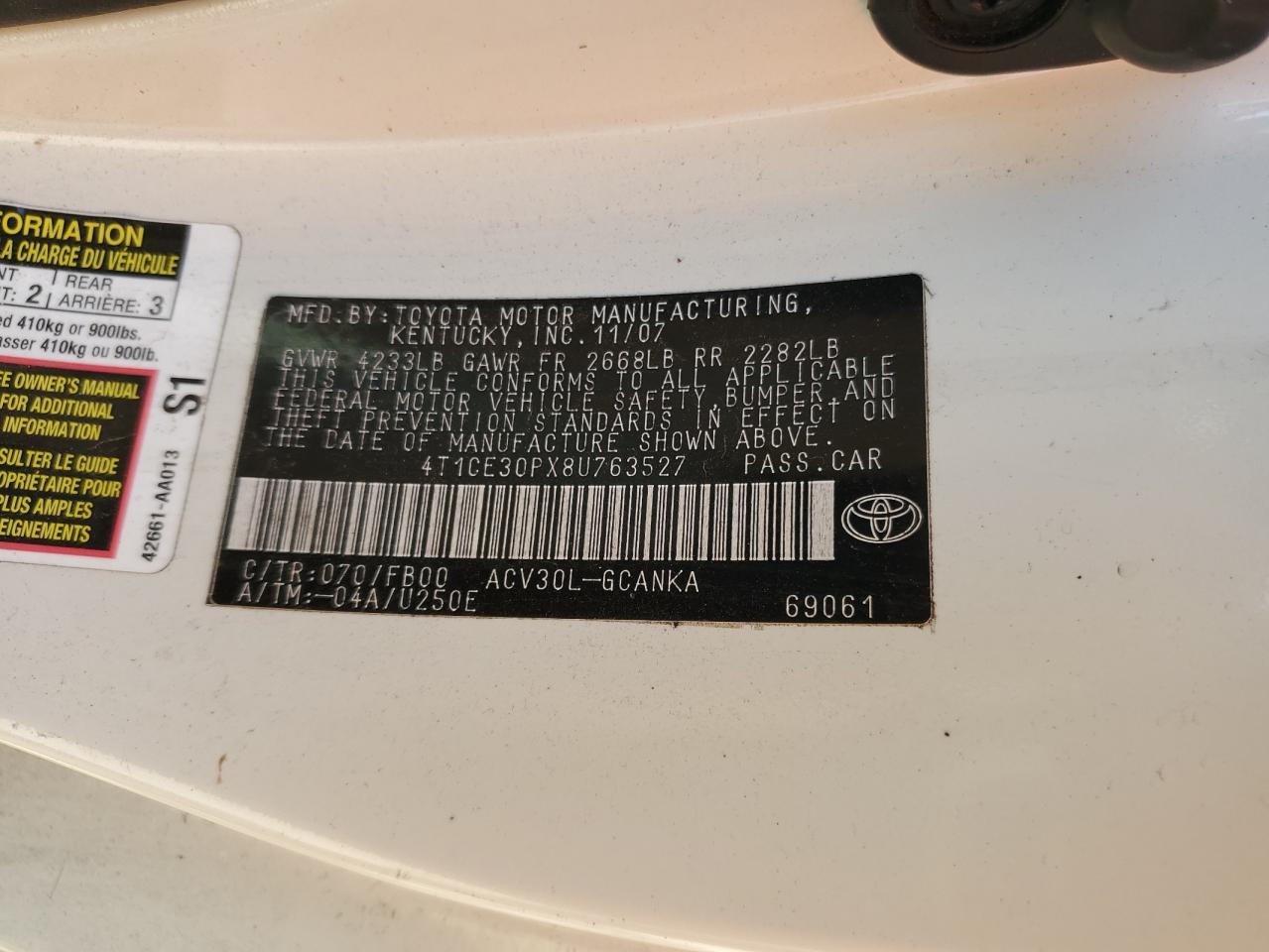 2008 Toyota Camry Solara Se VIN: 4T1CE30PX8U763527 Lot: 87274615