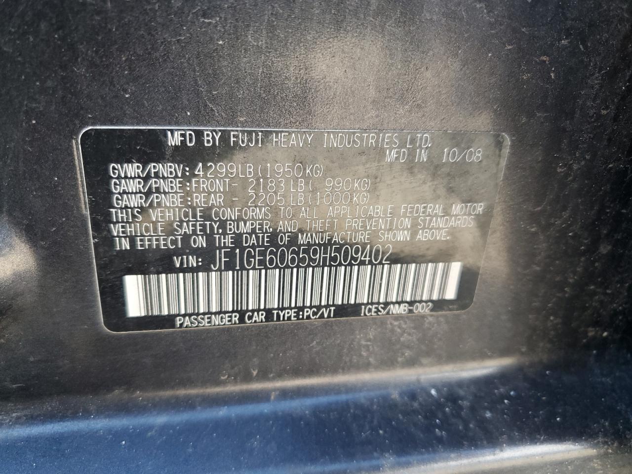 2009 Subaru Impreza 2.5I Premium VIN: JF1GE60659H509402 Lot: 90072035