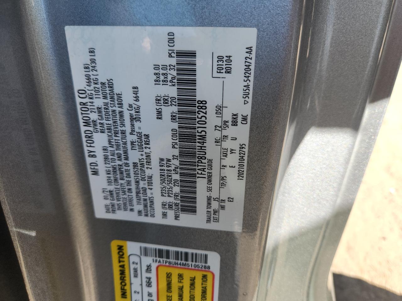 2021 Ford Mustang VIN: 1FATP8UH4M5105288 Lot: 86874675