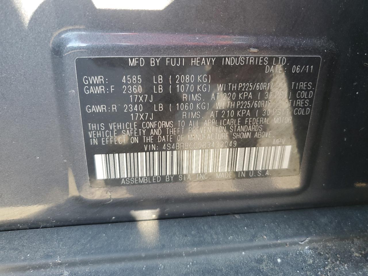 2011 Subaru Outback 2.5I Premium VIN: 4S4BRBCC0B3432049 Lot: 86709035