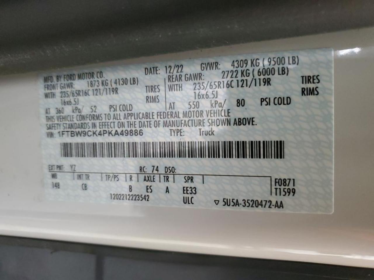 2023 Chev 2023 Ford Transit Xl (A49886 VIN: 1FTBW9CK4PKA49886 Lot: 84447065