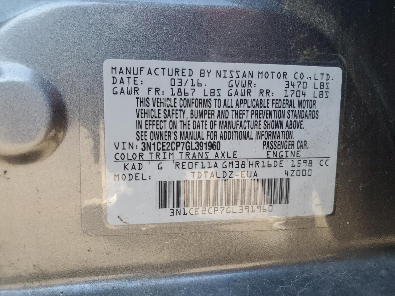 2016 Nissan Versa Note S VIN: 3N1CE2CP7GL391960 Lot: 86139725