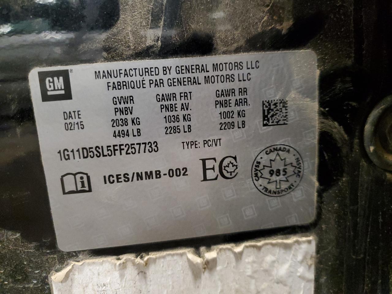 2015 Chevrolet Malibu 2Lt VIN: 1G11D5SL5FF257733 Lot: 82438295