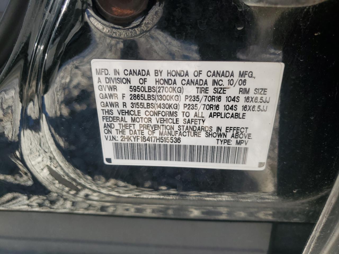 2007 Honda Pilot Ex VIN: 2HKYF18417H515536 Lot: 82419435