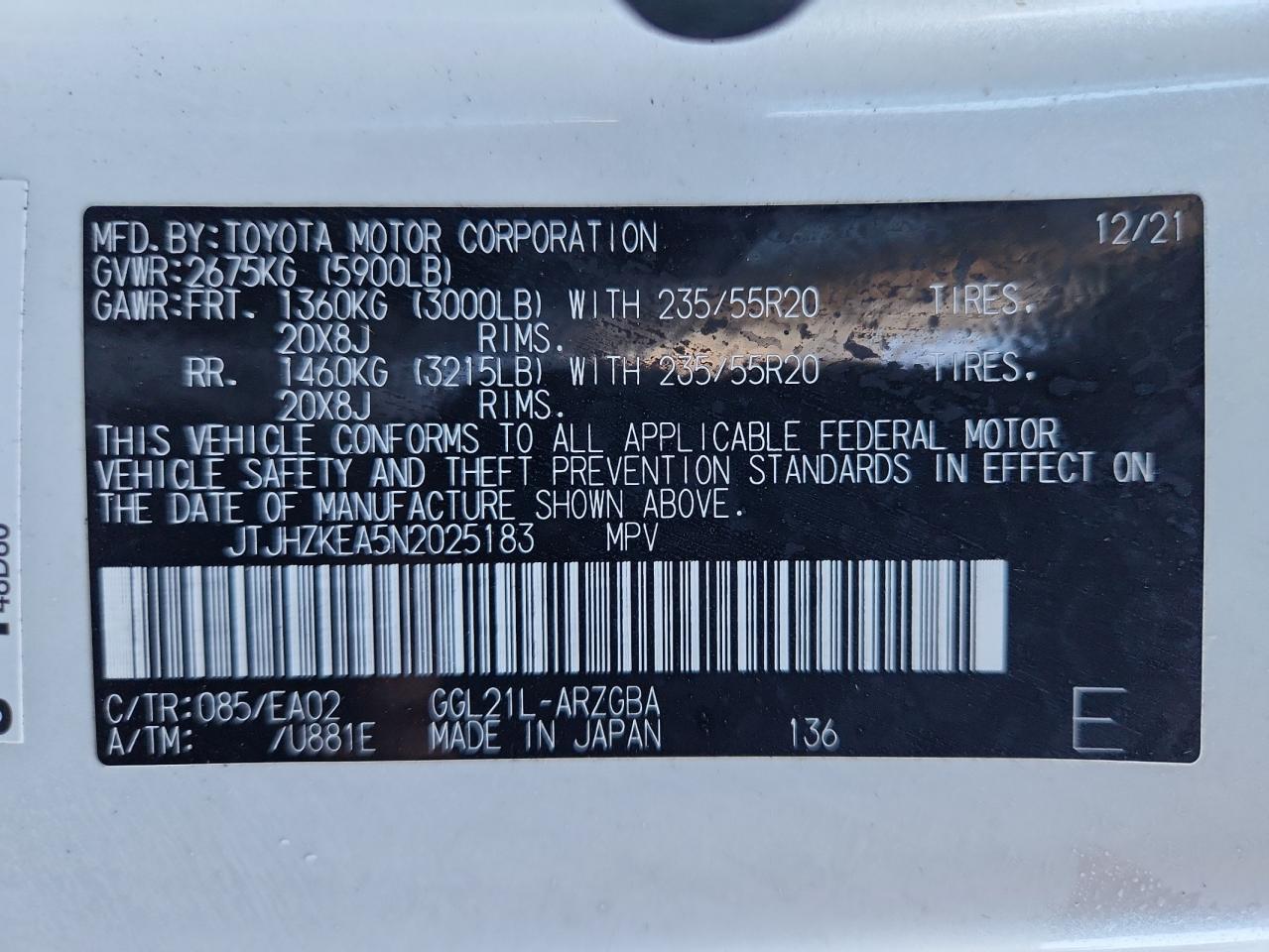 2022 Lexus Rx 350 L VIN: JTJHZKEA5N2025183 Lot: 87298985