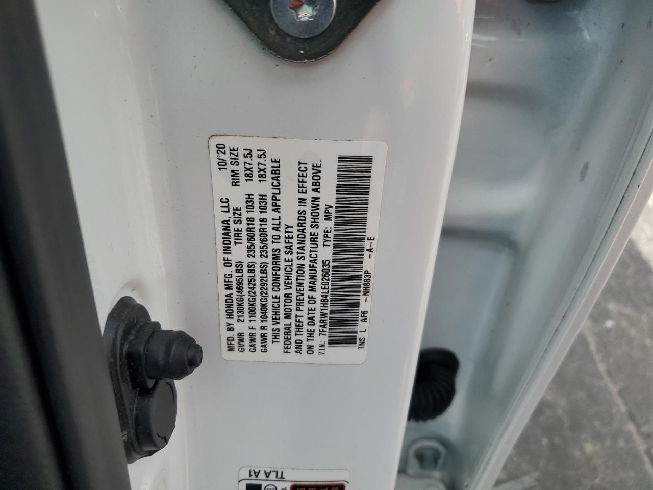 2020 Honda Cr-V Exl VIN: 7FARW1H84LE026035 Lot: 89829525