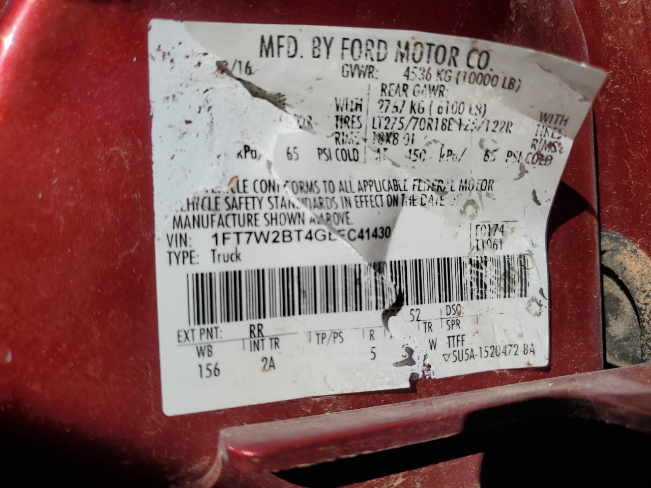 2016 Ford F250 Super Duty VIN: 1FT7W2BT4GEC41430 Lot: 89529545