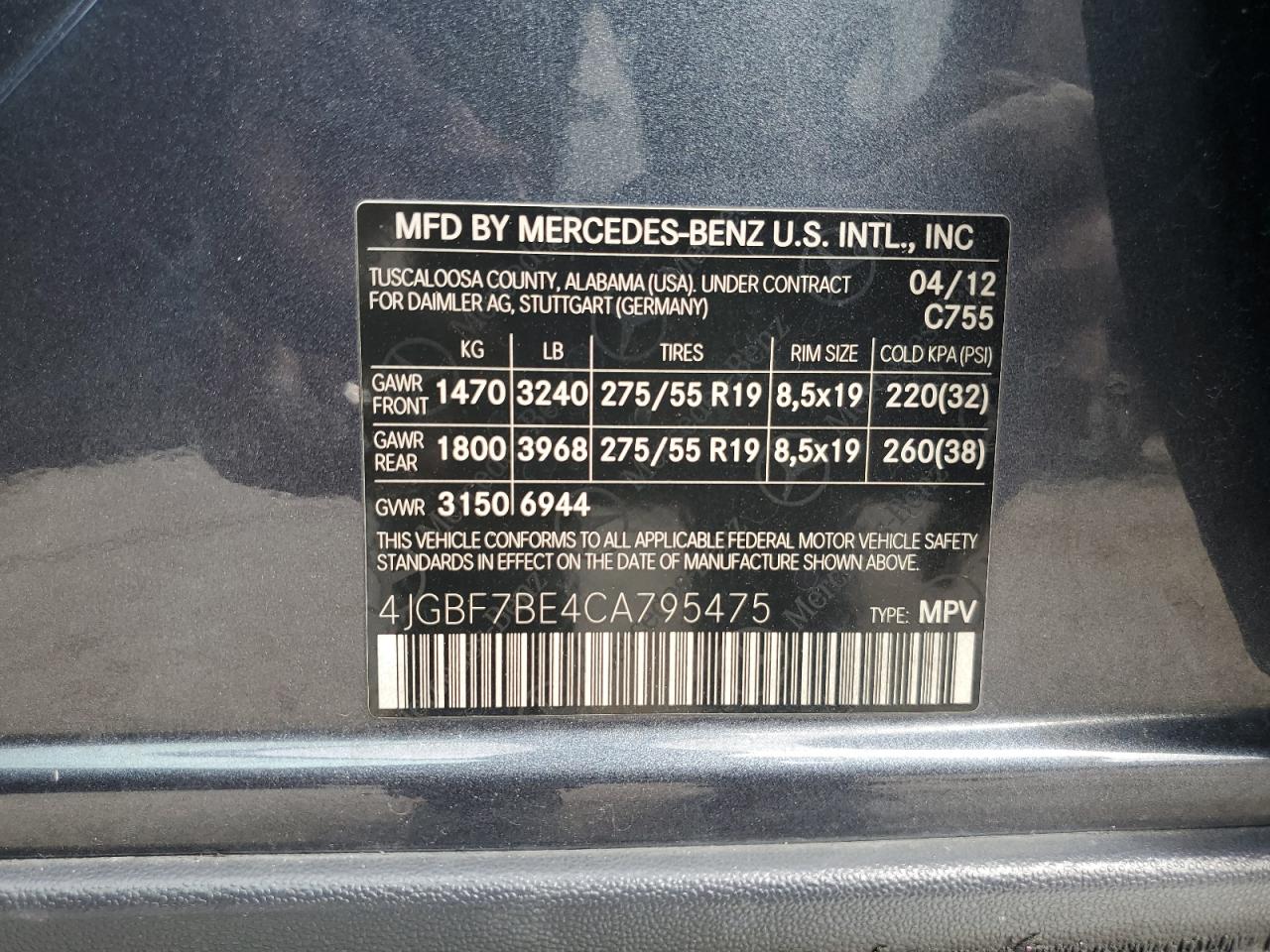 2012 Mercedes-Benz Gl 450 4Matic VIN: 4JGBF7BE4CA795475 Lot: 84659985