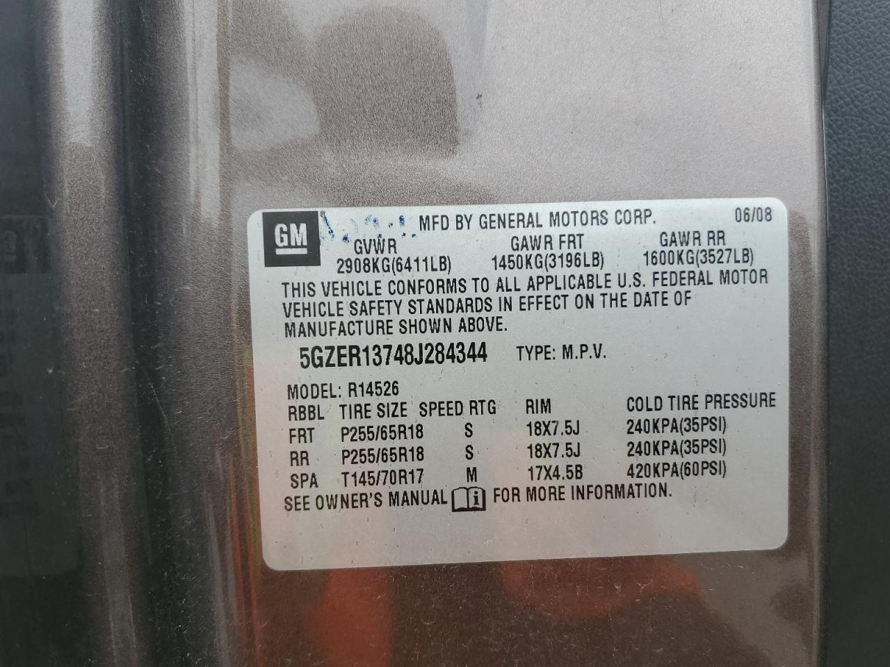 2008 Saturn Outlook Xe VIN: 5GZER13748J284344 Lot: 86450455