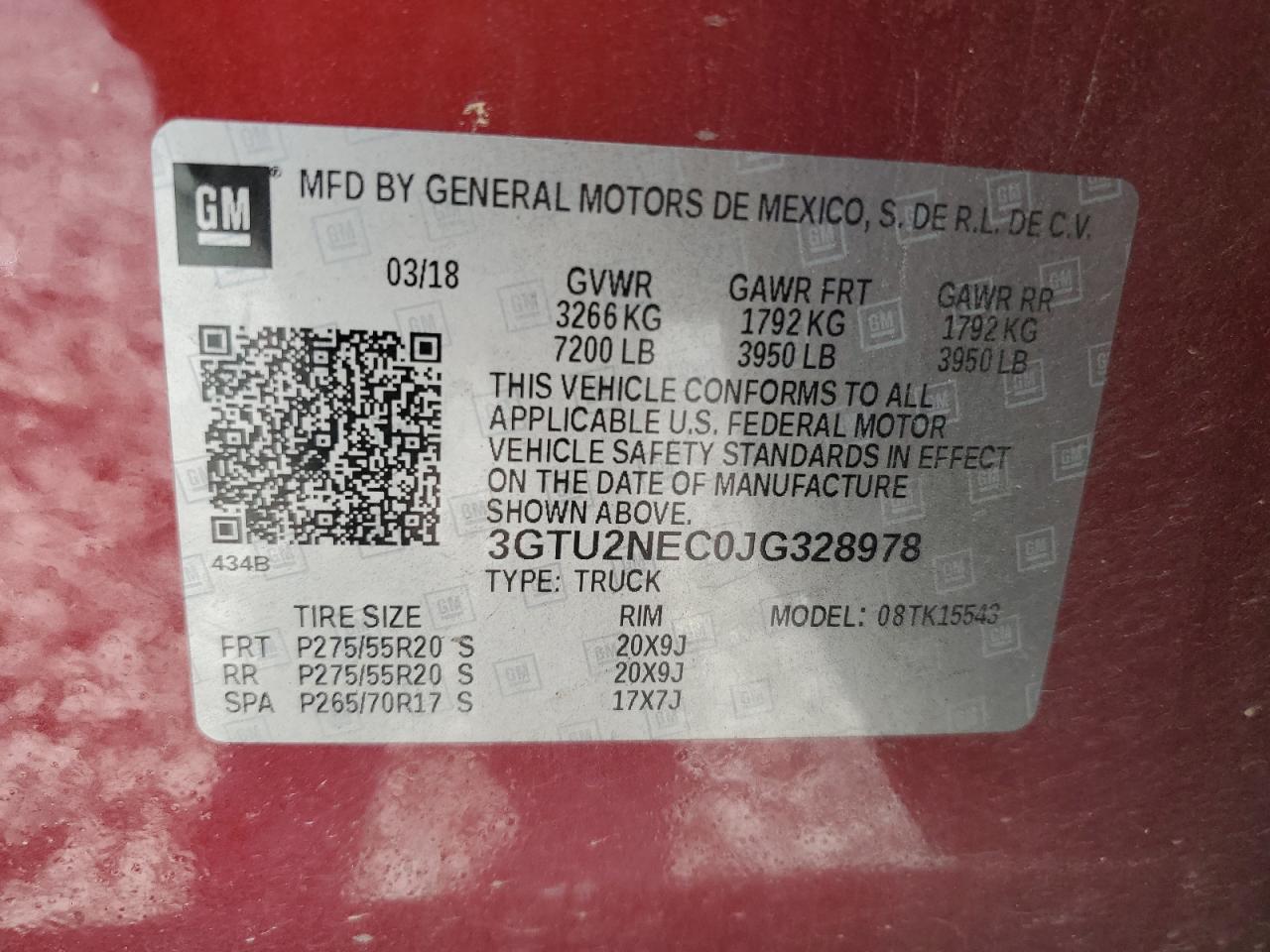 2018 GMC Sierra K1500 Slt VIN: 3GTU2NEC0JG328978 Lot: 86855875