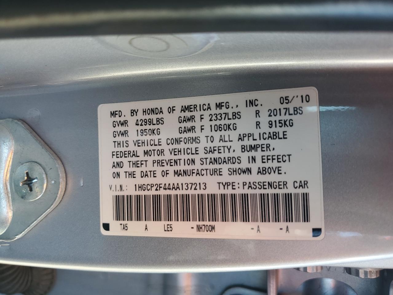 2010 Honda Accord Lxp VIN: 1HGCP2F44AA137213 Lot: 82234565