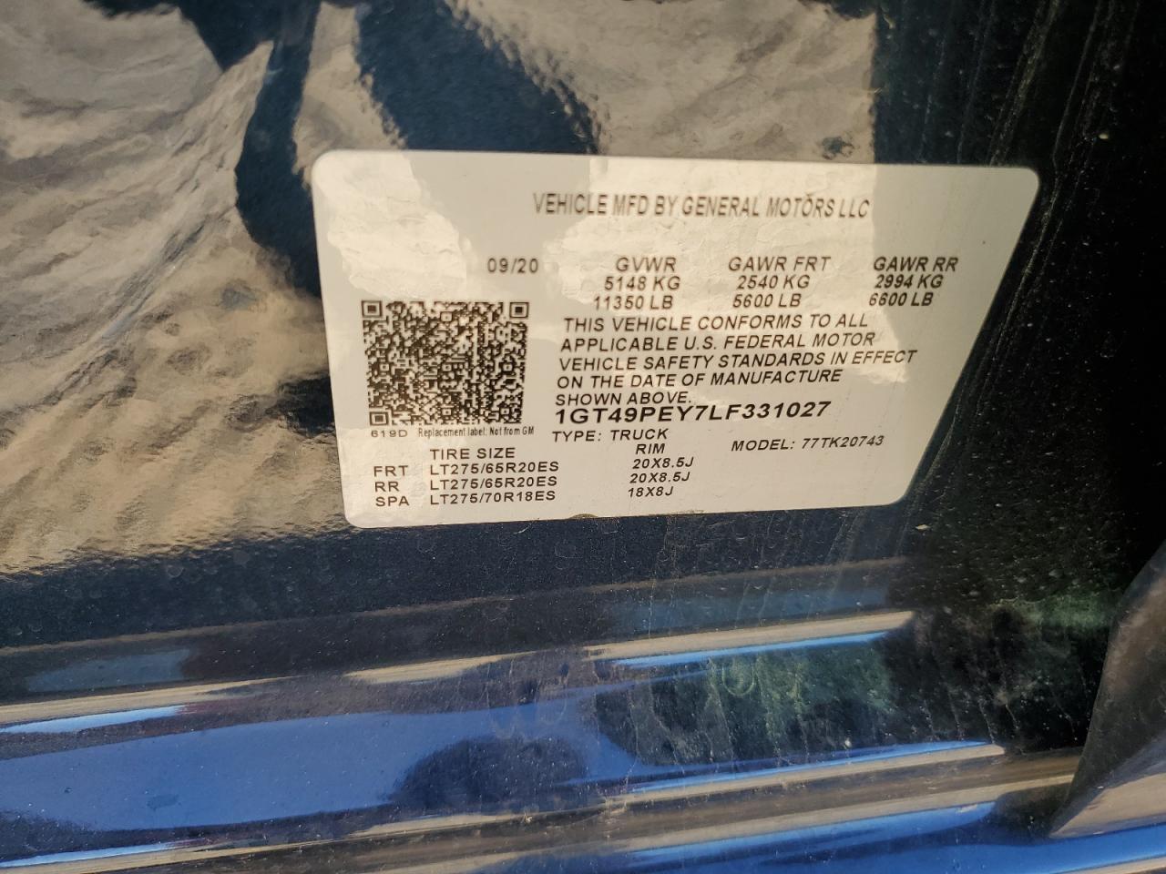 2020 GMC Sierra K2500 At4 VIN: 1GT49PEY7LF331027 Lot: 82670225