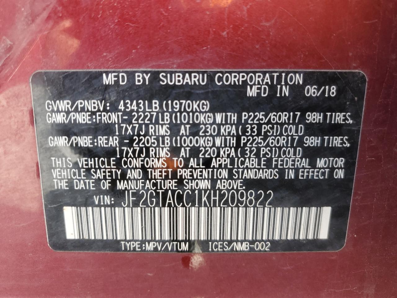 2019 Subaru Crosstrek Premium VIN: JF2GTACC1KH209822 Lot: 86443445