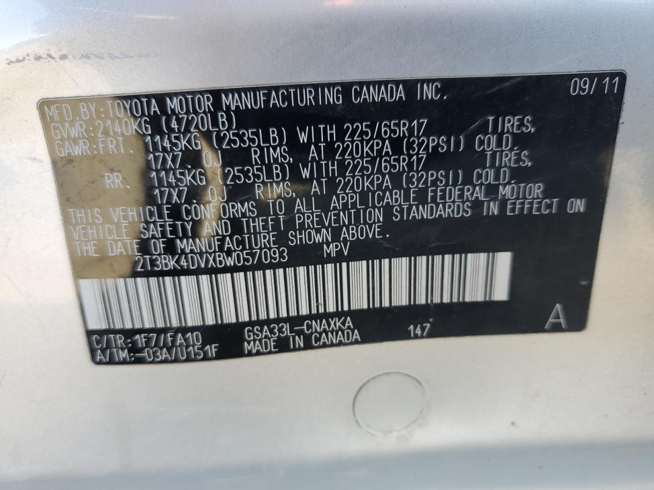 2011 Toyota Rav4 VIN: 2T3BK4DVXBW057093 Lot: 84786165