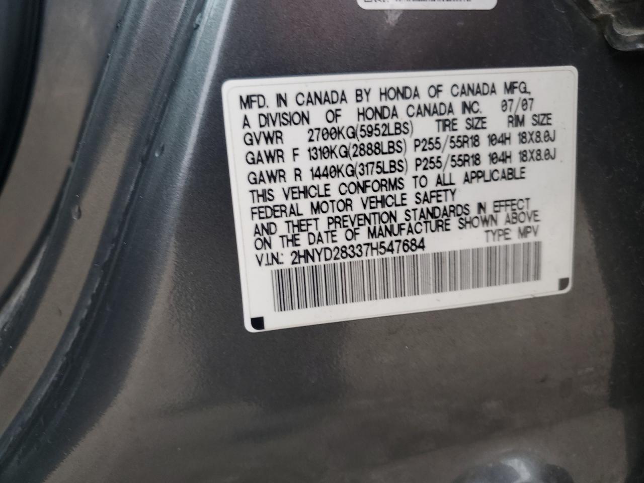2007 Acura Mdx Technology VIN: 2HNYD28337H547684 Lot: 86235915