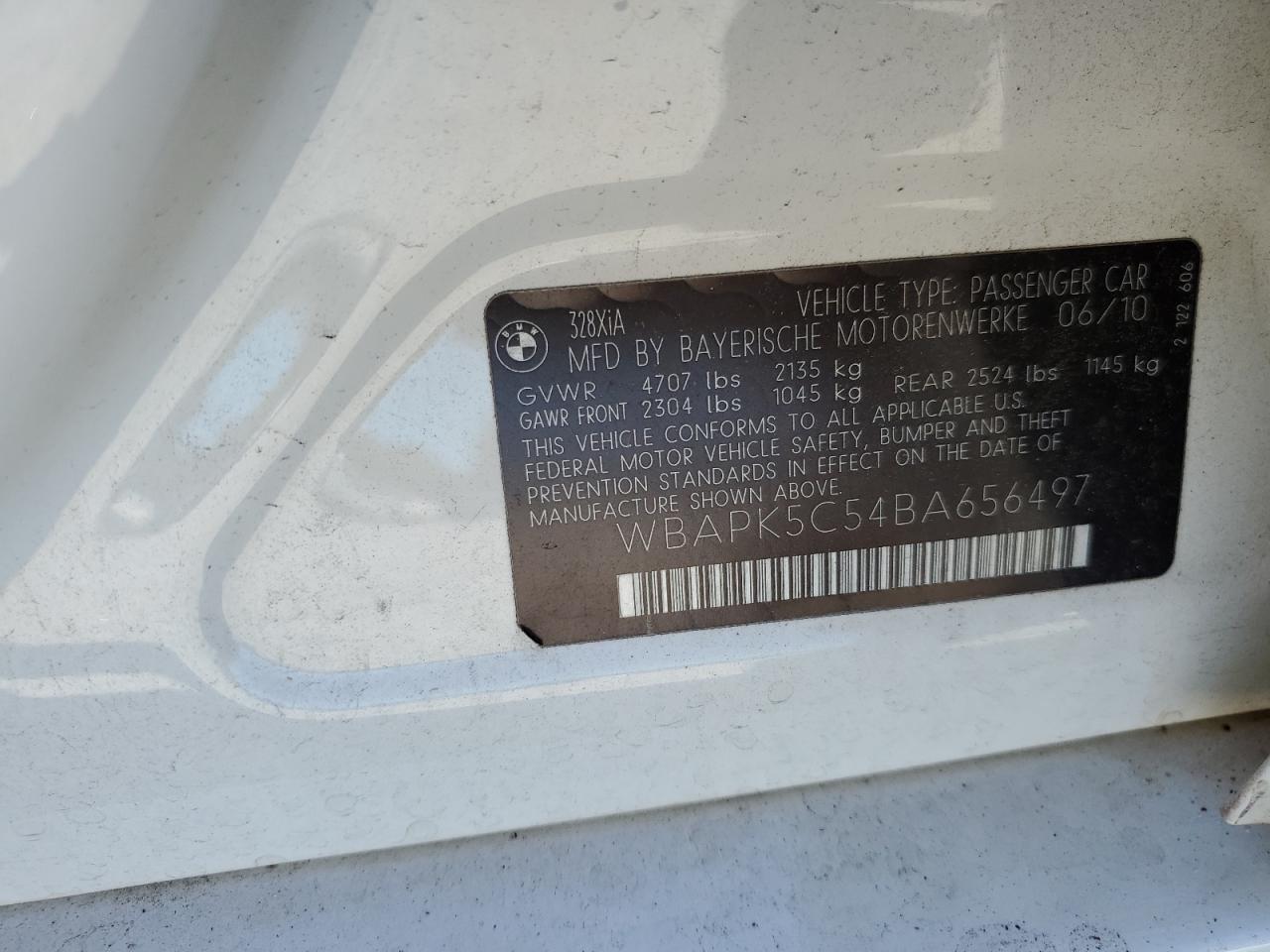 2011 BMW 328 Xi Sulev VIN: WBAPK5C54BA656497 Lot: 82413325