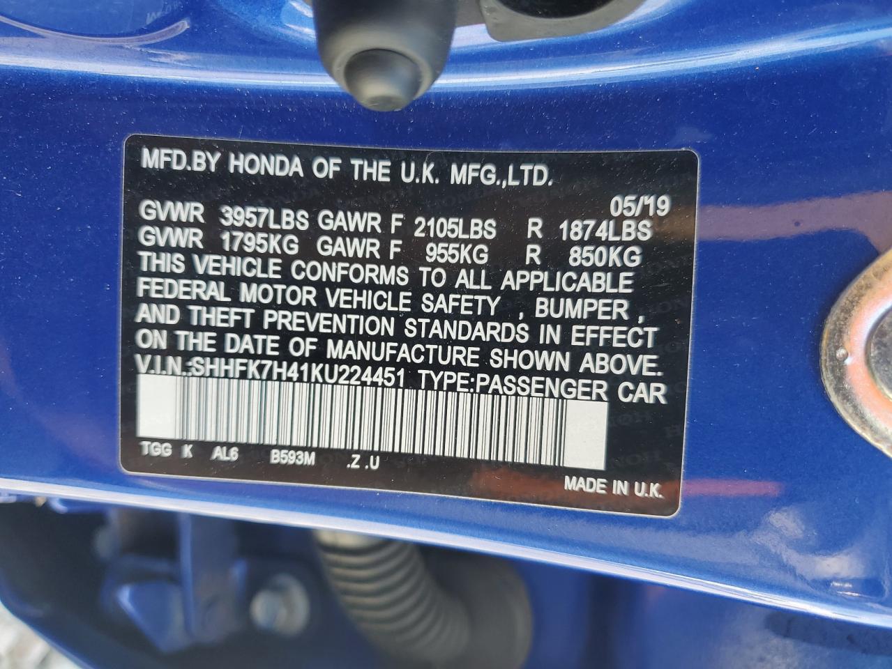 2019 Honda Civic Sport VIN: SHHFK7H41KU224451 Lot: 86841625