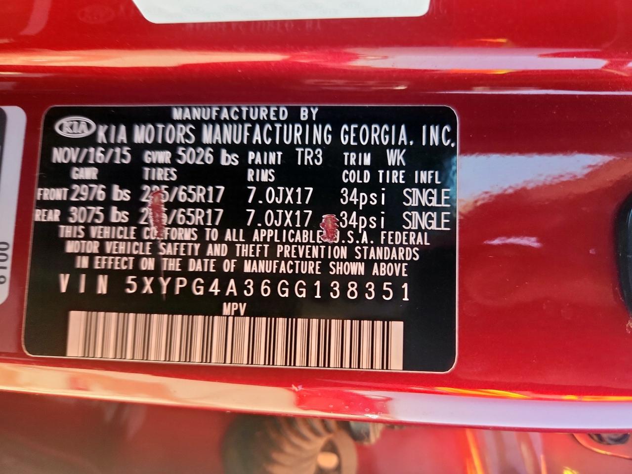 2016 Kia Sorento Lx VIN: 5XYPG4A36GG138351 Lot: 84654275