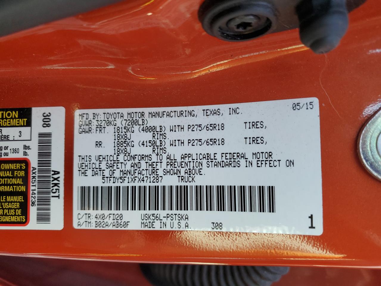 2015 Toyota Tundra Crewmax Sr5 VIN: 5TFDY5F1XFX471287 Lot: 86321995