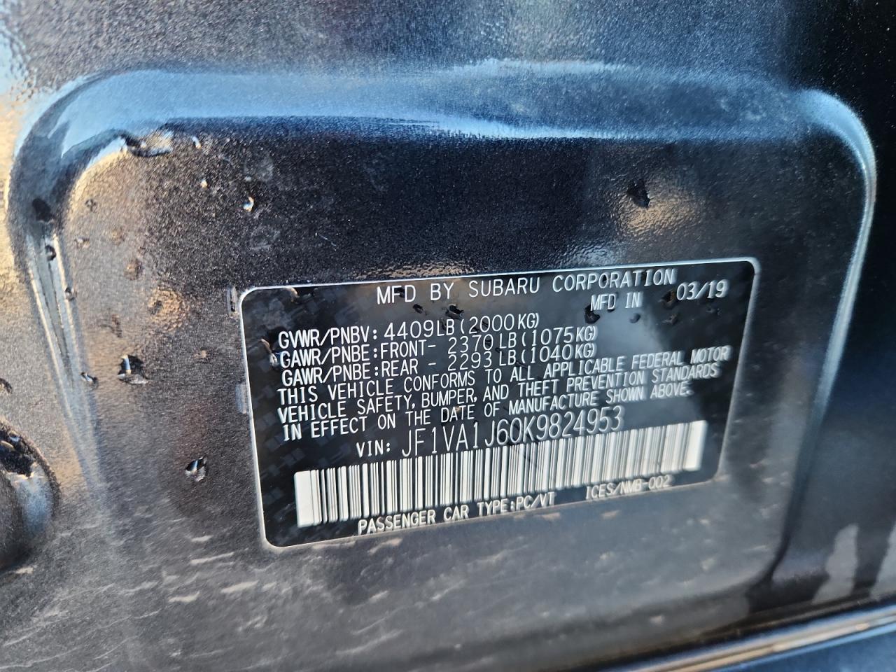 2019 Subaru Wrx Limited VIN: JF1VA1J60K9824953 Lot: 90489115