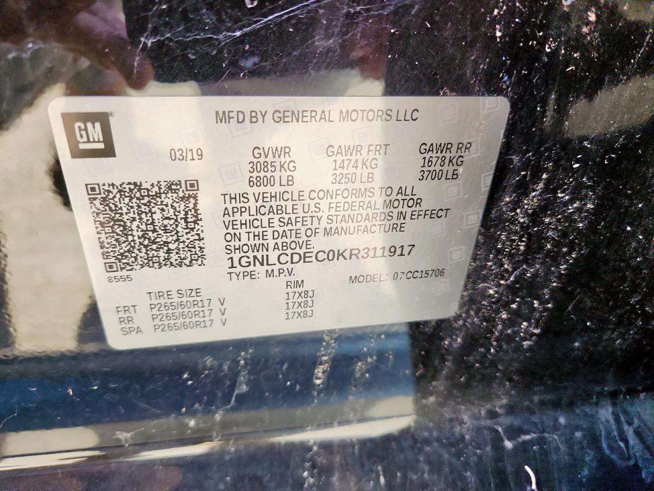 2019 Chevrolet Tahoe Police VIN: 1GNLCDEC0KR311917 Lot: 84047615