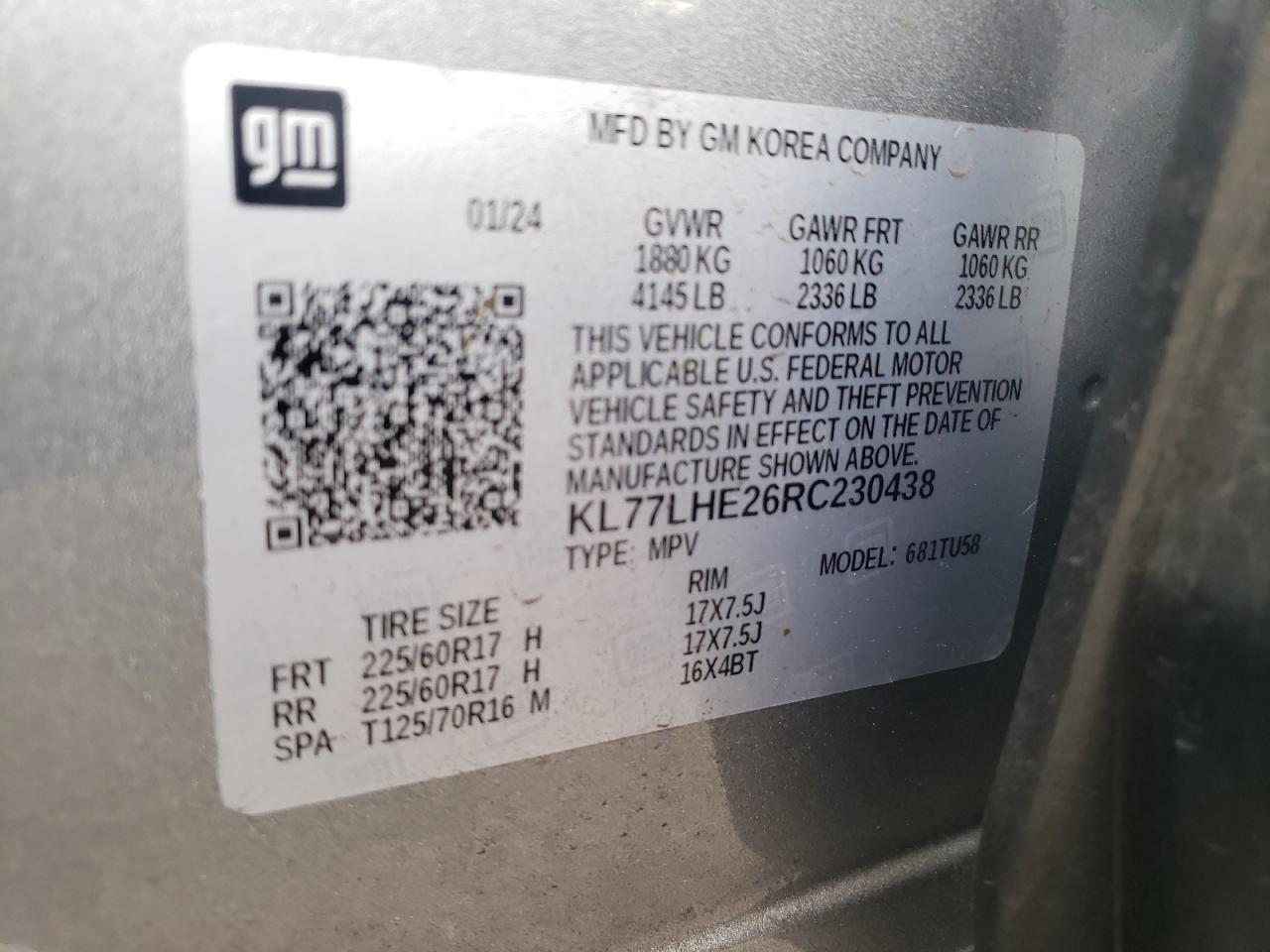 2024 Chevrolet Trax 1Lt VIN: KL77LHE26RC230438 Lot: 82751625