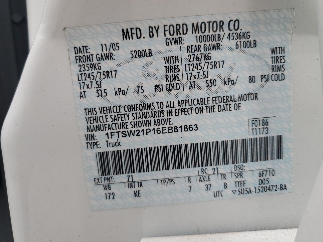 2006 Ford F250 Super Duty VIN: 1FTSW21P16EB81863 Lot: 85180865