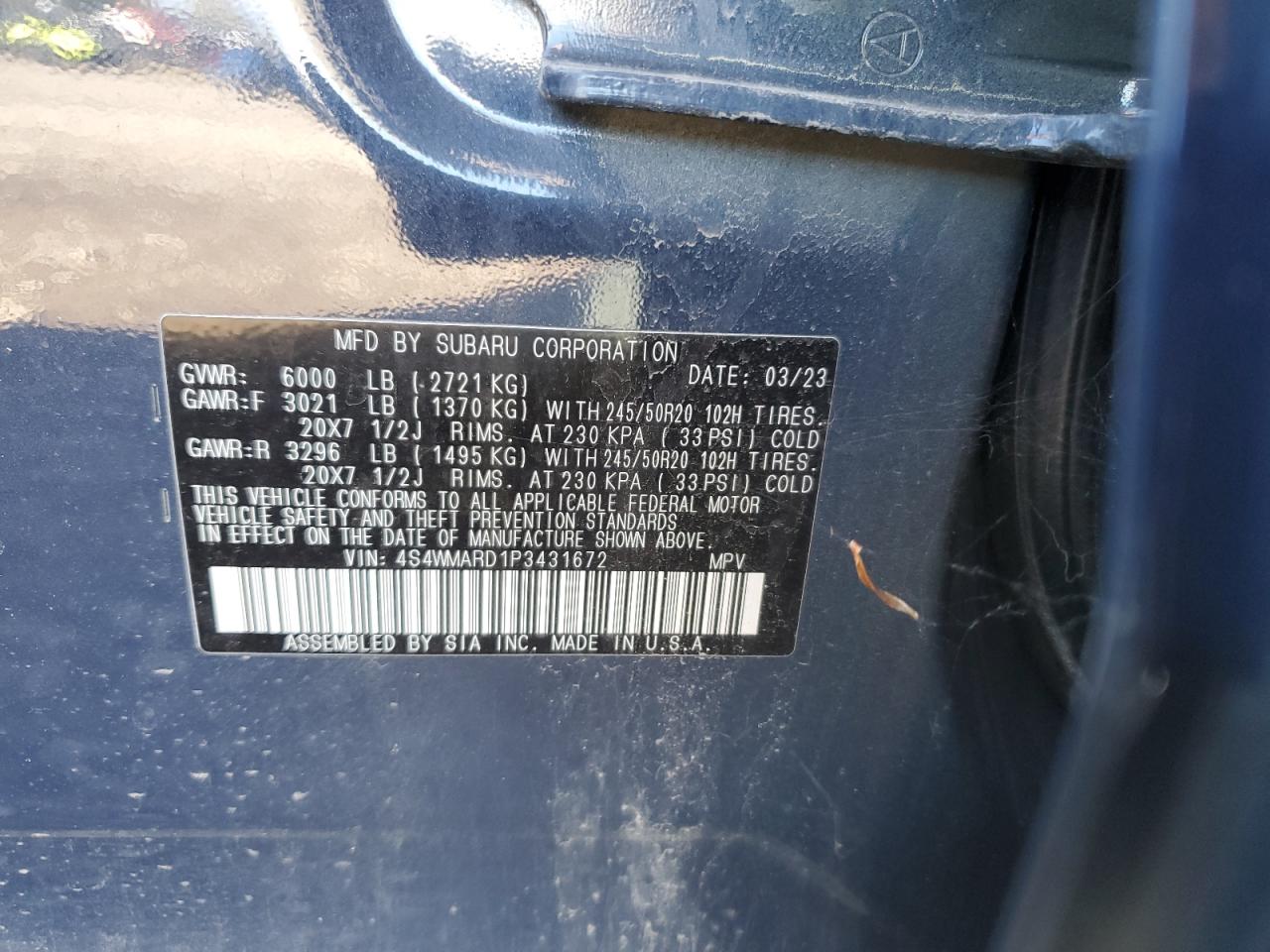 2023 Subaru Ascent Touring VIN: 4S4WMARD1P3431672 Lot: 85287705