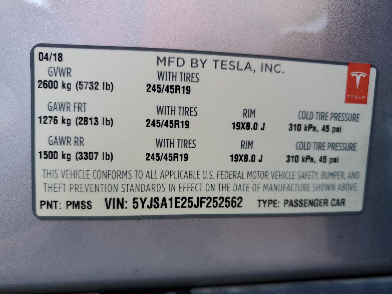 2018 Tesla Model S VIN: 5YJSA1E25JF252562 Lot: 82462195