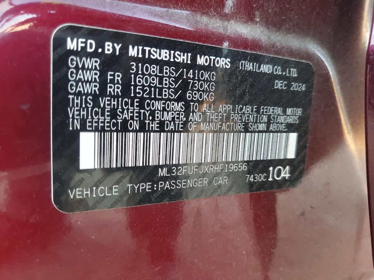 2024 Mitsubishi Mirage G4 Es VIN: ML32FUFJXRHF19656 Lot: 86479535