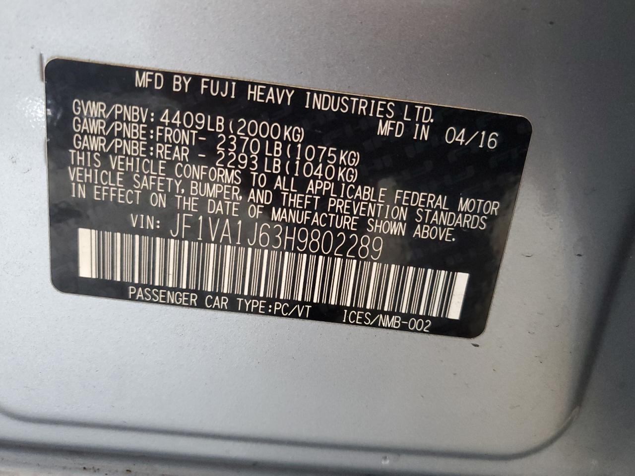 2017 Subaru Wrx Limited VIN: JF1VA1J63H9802289 Lot: 84050065