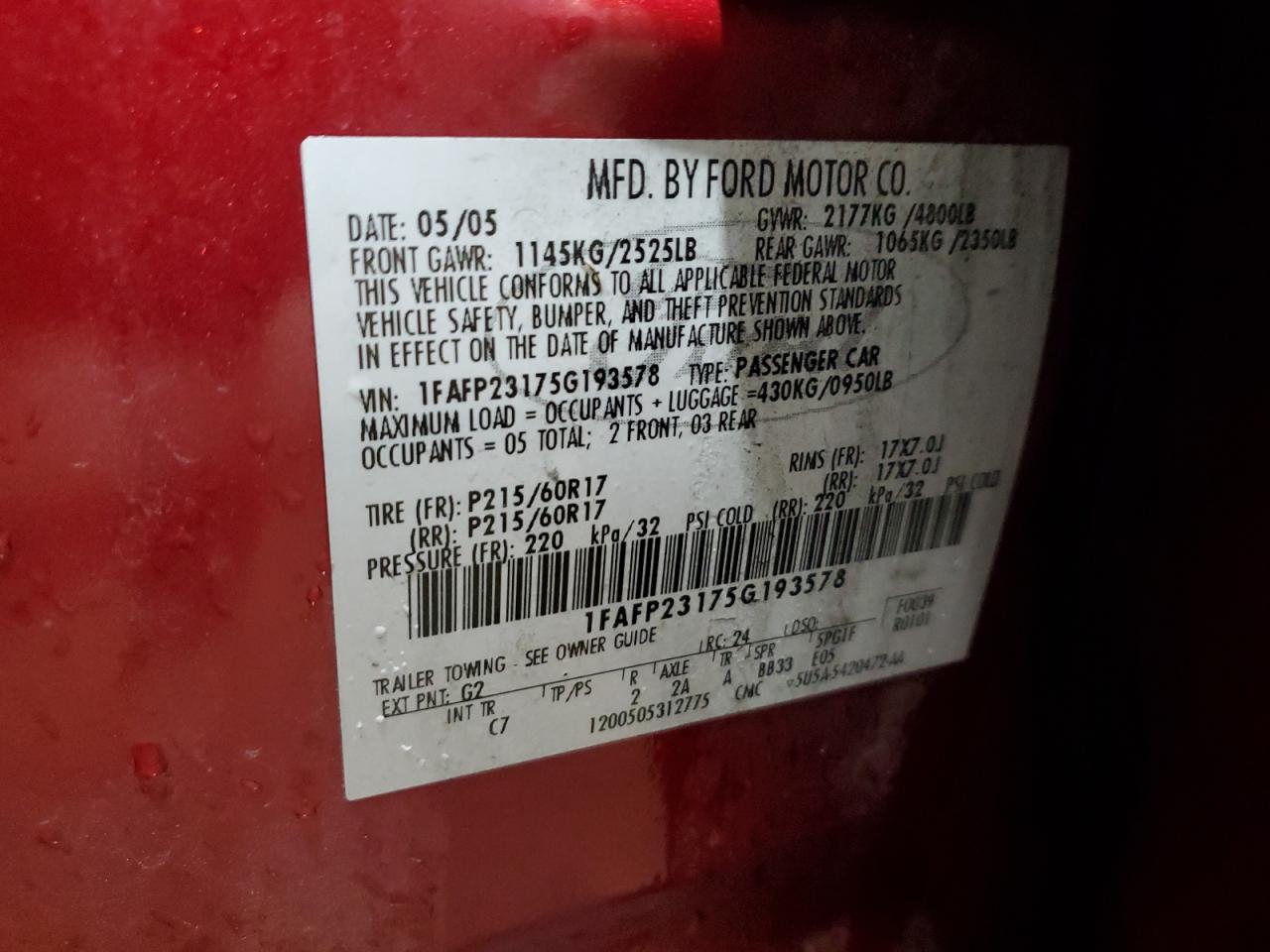 2005 Ford Five Hundred Se VIN: 1FAFP23175G193578 Lot: 90636885