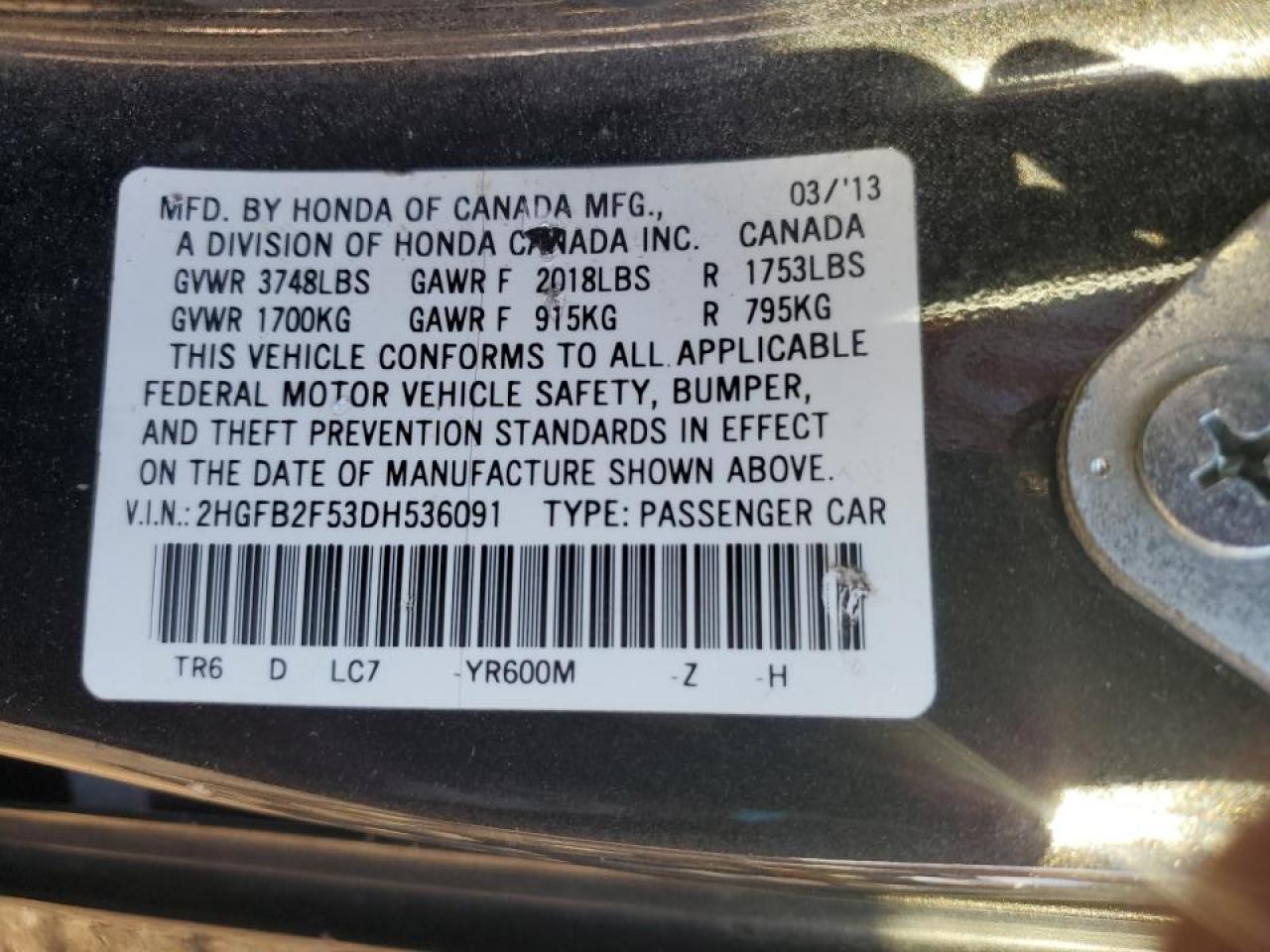 2013 Honda Civic Lx VIN: 2HGFB2F53DH536091 Lot: 85589715