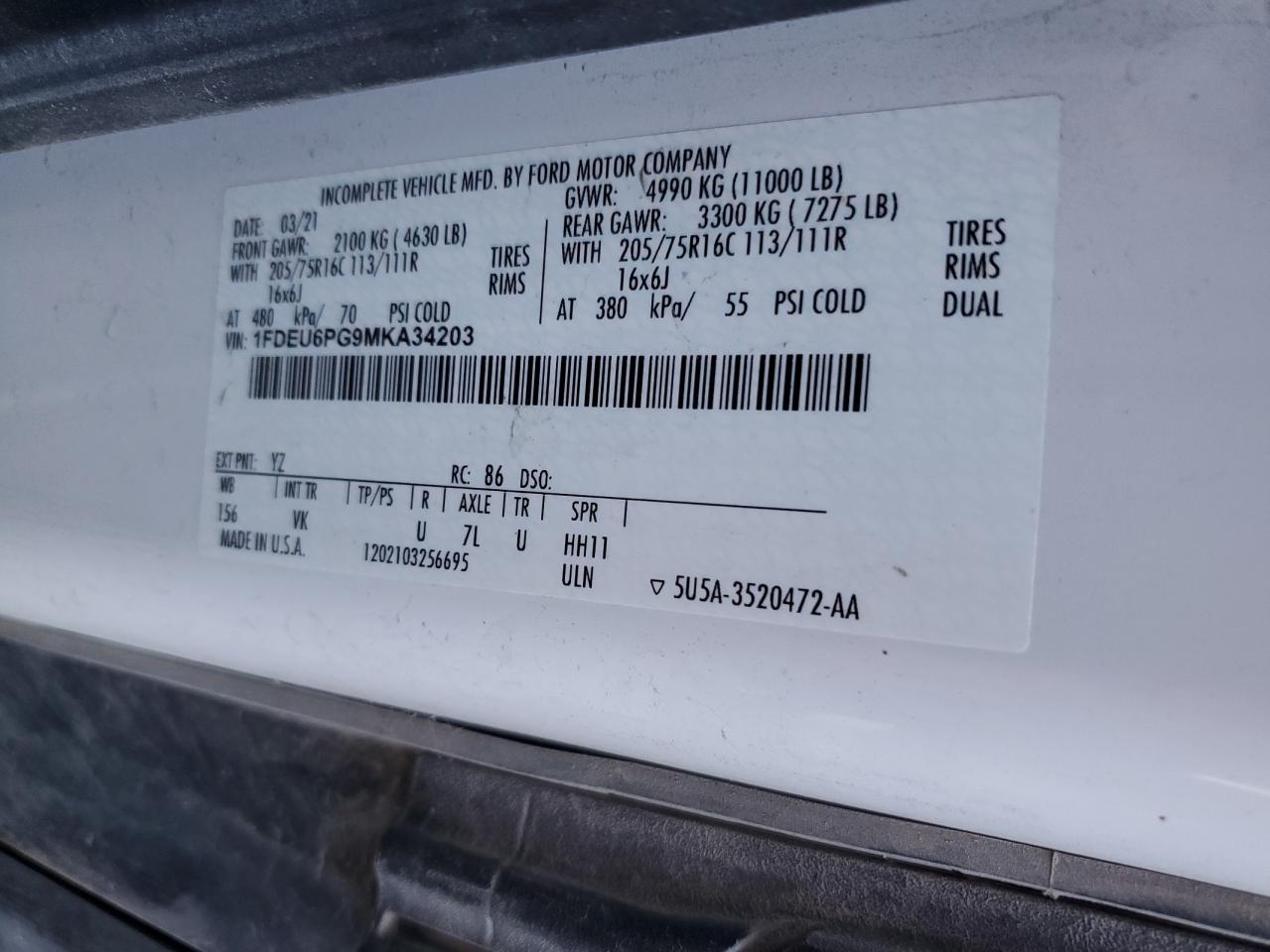 2021 Ford Transit T- - Delivery Truck VIN: 1FDEU6PG9MKA34203 Lot: 85751685