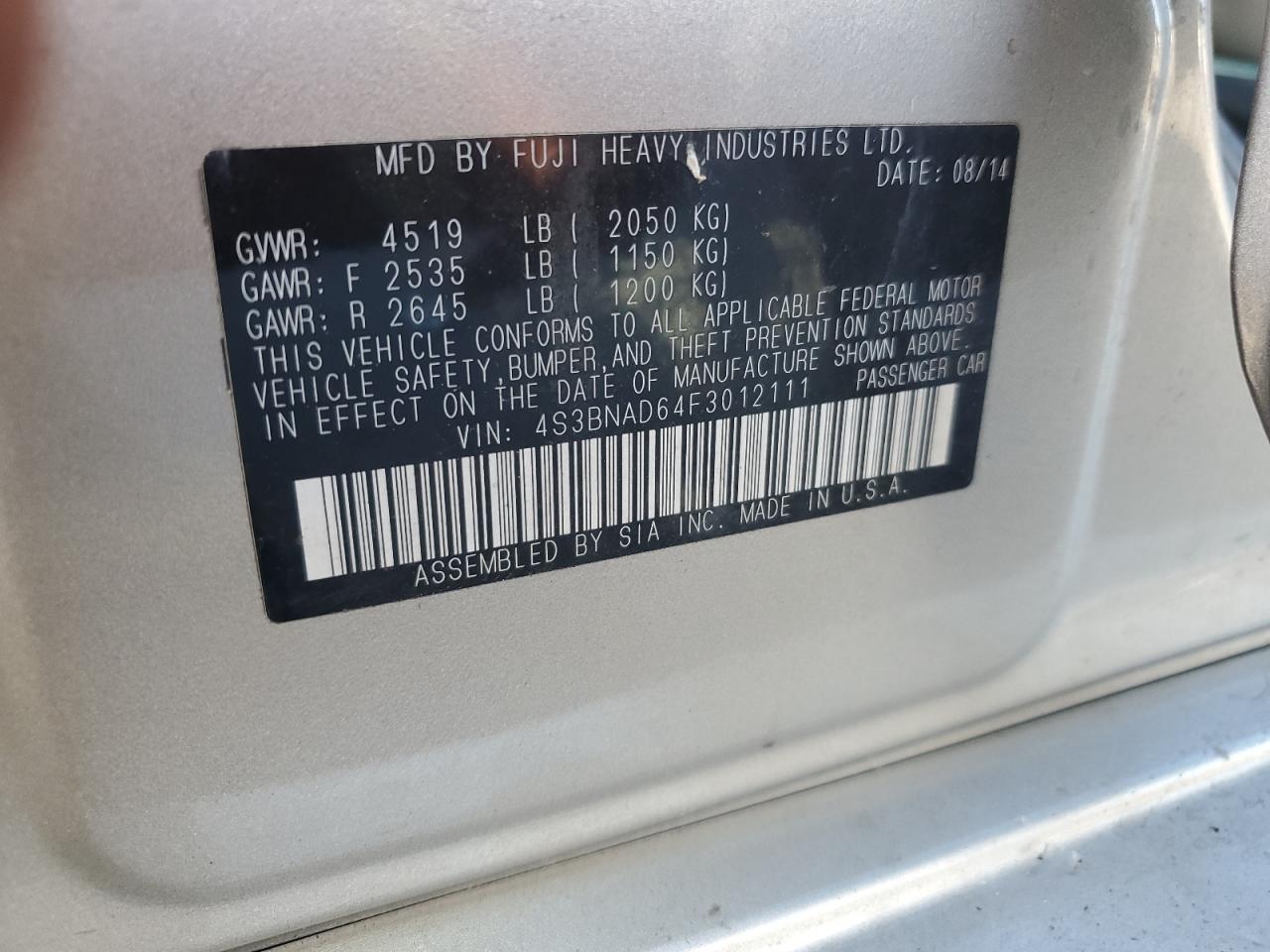 2015 Subaru Legacy 2.5I Premium VIN: 4S3BNAD64F3012111 Lot: 81486655