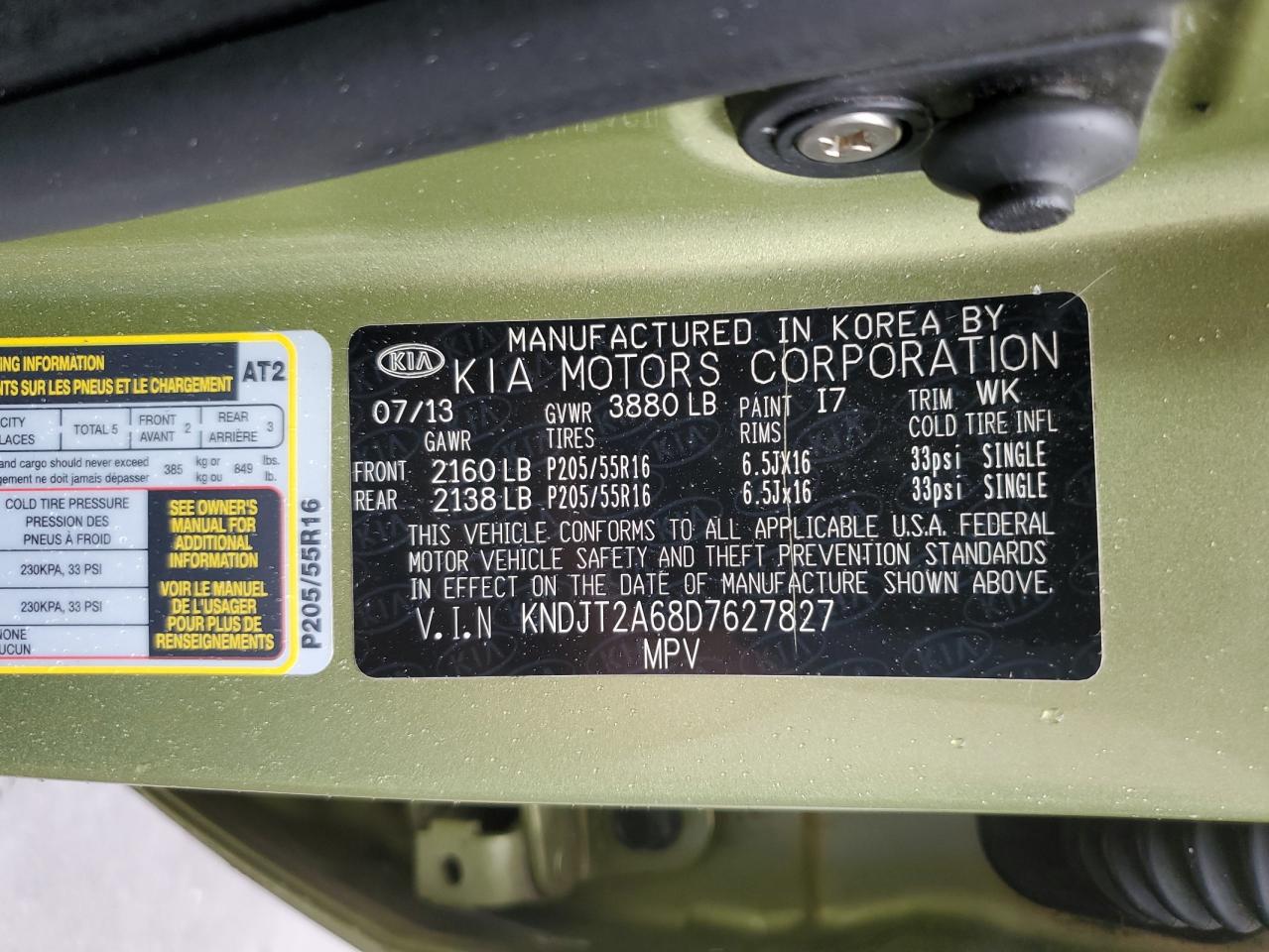 2013 Kia Soul + VIN: KNDJT2A68D7627827 Lot: 86236715