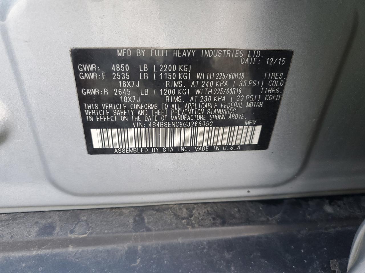2016 Subaru Outback 3.6R Limited VIN: 4S4BSENC9G3268052 Lot: 87006745