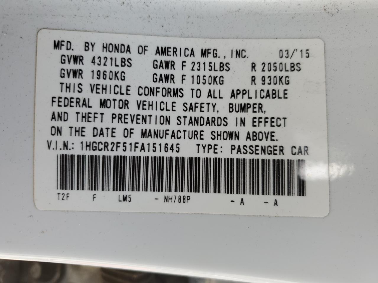 2015 Honda Accord Sport VIN: 1HGCR2F51FA151645 Lot: 82549935