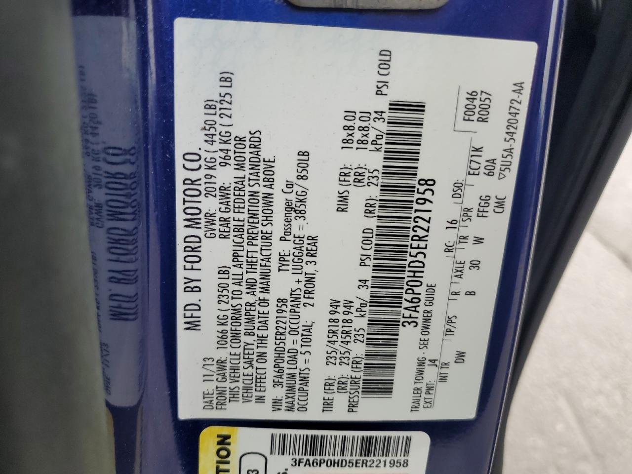 2014 Ford Fusion Se VIN: 3FA6P0HD5ER221958 Lot: 90406655