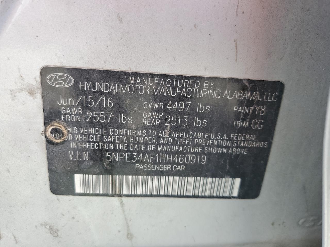 2017 Hyundai Sonata Sport VIN: 5NPE34AF1HH460919 Lot: 85362675