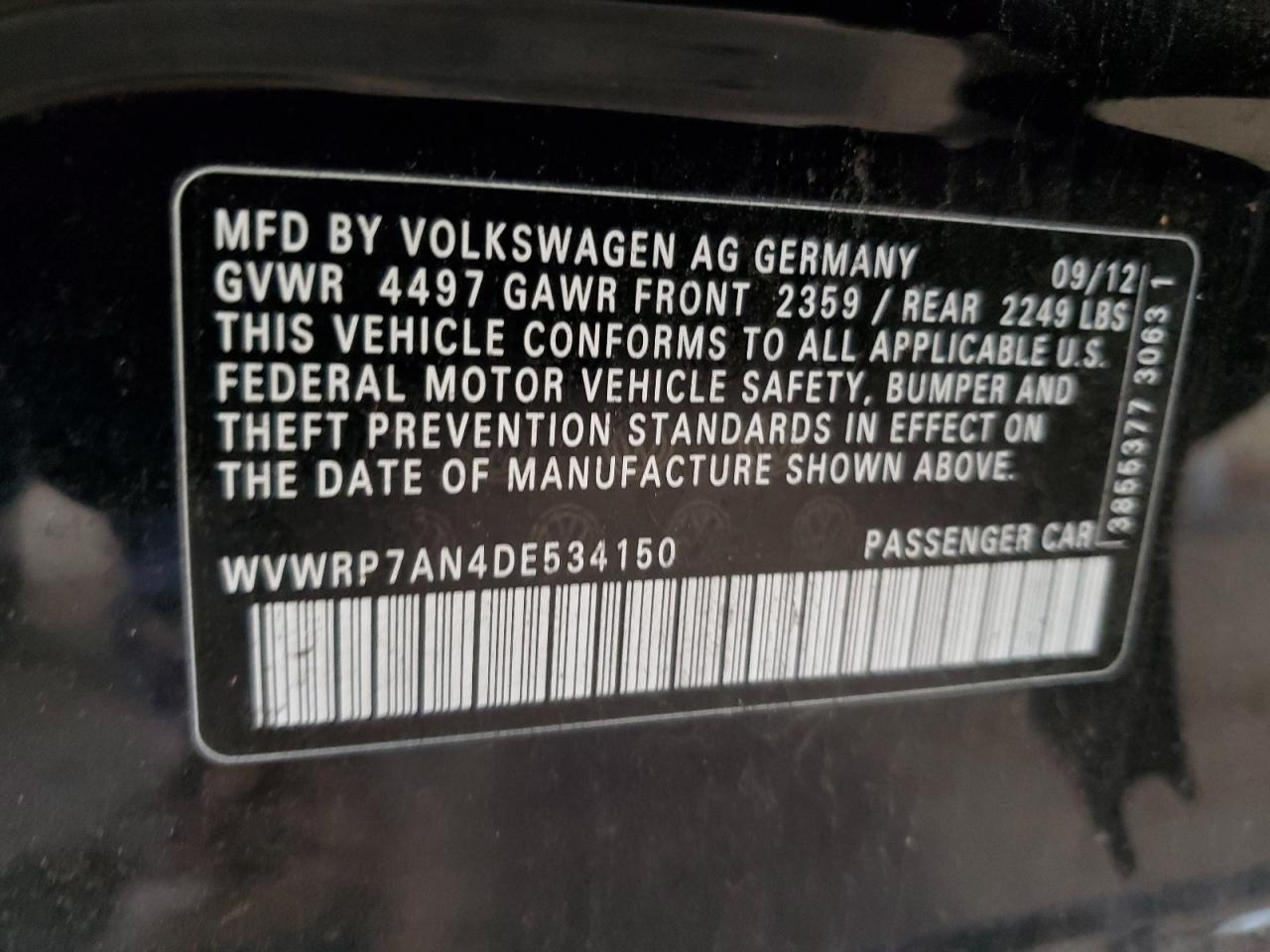 2013 Volkswagen Cc Luxury VIN: WVWRP7AN4DE534150 Lot: 86153845