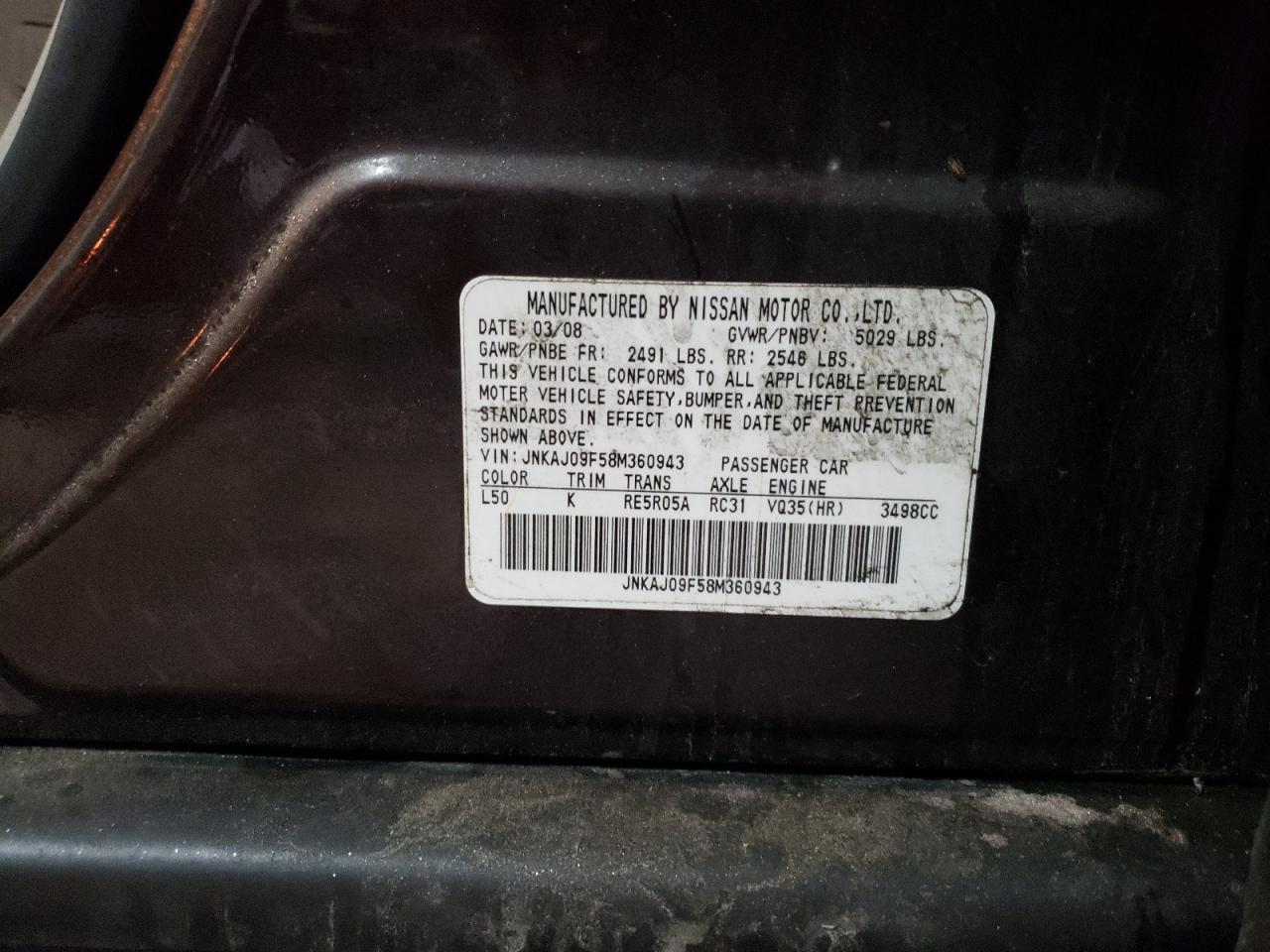 2008 Infiniti Ex35 Base VIN: JNKAJ09F58M360943 Lot: 89671695