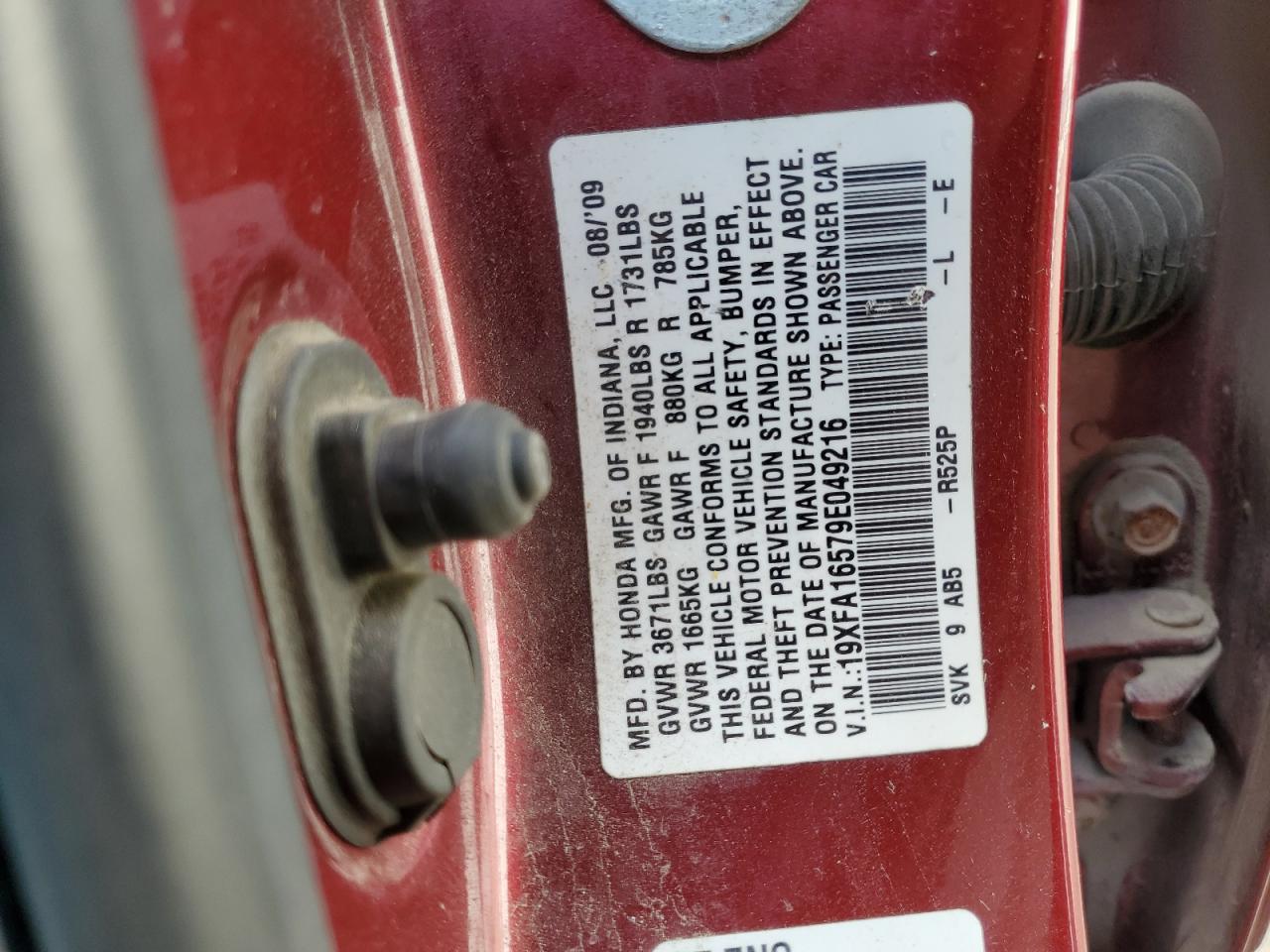 2009 Honda Civic Lx VIN: 19XFA16579E049216 Lot: 86276565